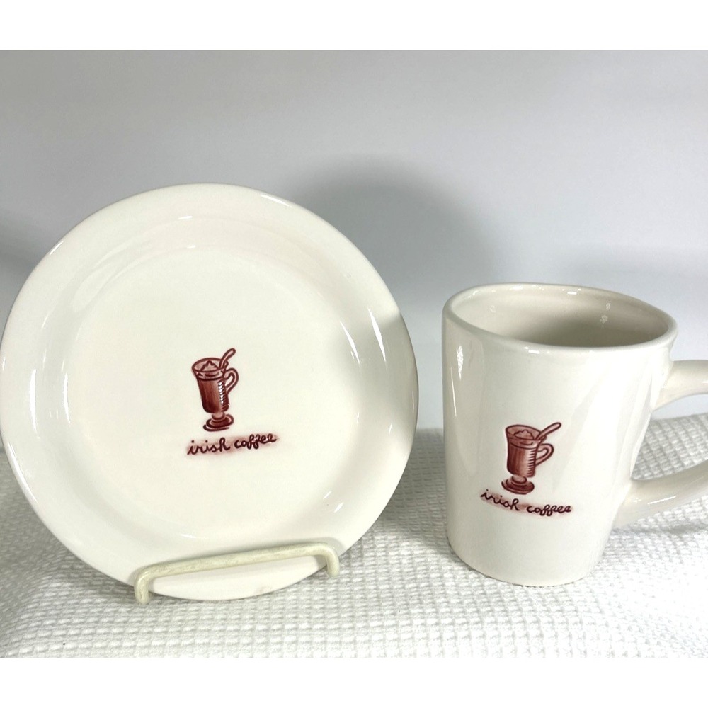 Williams Sonoma Irish Coffee 10 oz Coffee Mug and 6" Matching Plate White Red